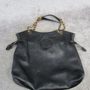 Tory Burch Tote Bag Black Letaher Logo Gold Chain